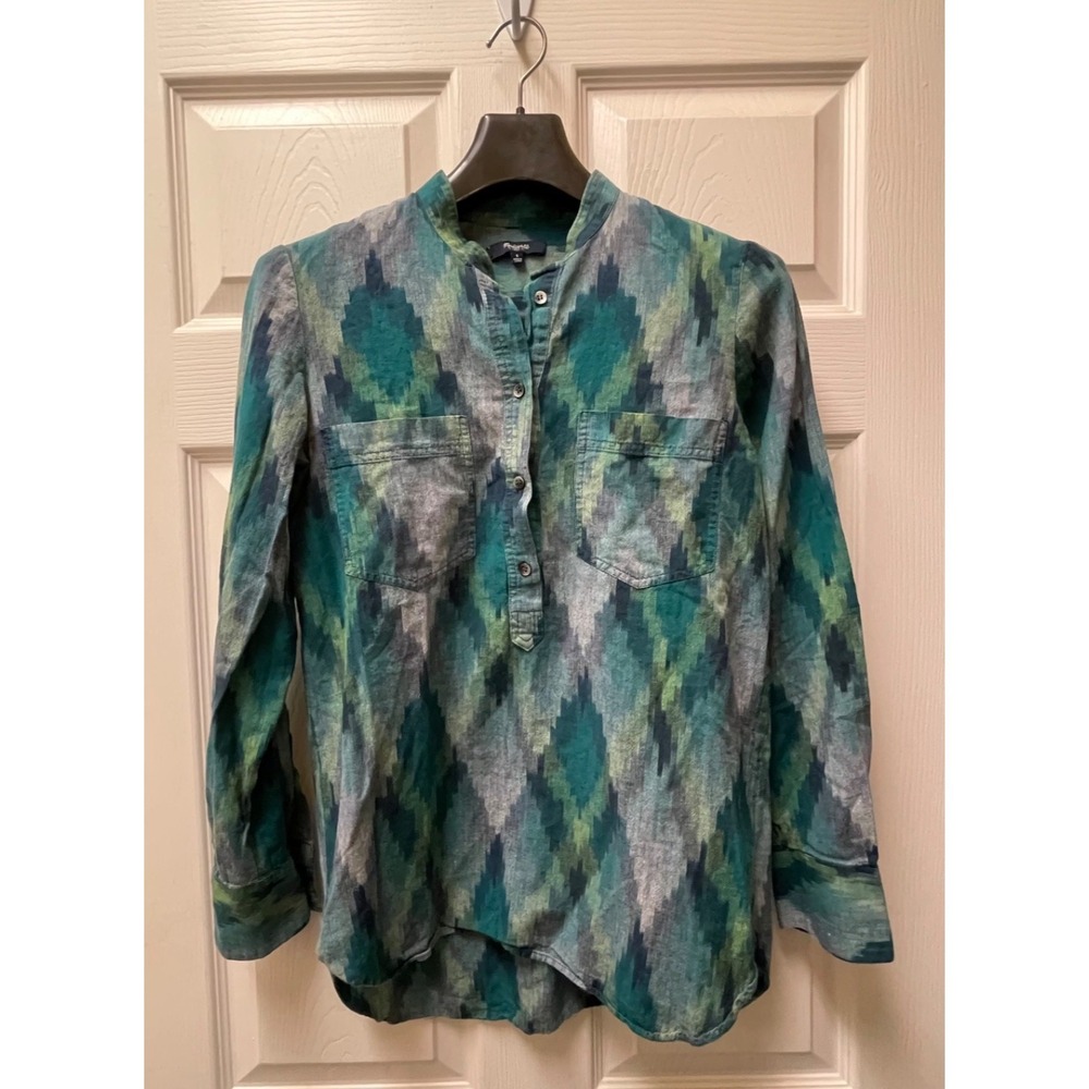 Madewell Women's Small Green Ikat‎ Woven Double Pocket Banded Collar Popover - Picture 2 of 10